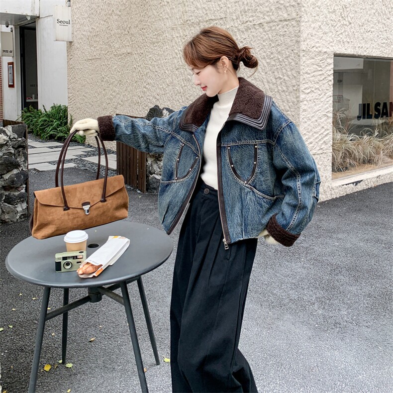 韩系撞色翻领牛仔羽绒服女2025冬季新款高级感气质保暖白鸭绒夹克,女装派克服,2C170