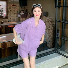 紫色休闲套装女夏季2025新款宽松设计感气质时尚衬衫短裤两件套，女装套装/套裙，2D143