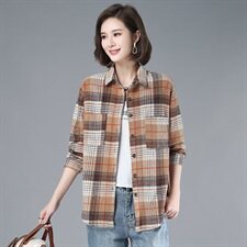 2021年春季格子衬衫排多扣POLO领长袖韩版宽松衬衣外套，女装衬衫，伊满意