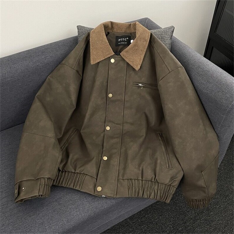 HY053-P70美式街头灯芯绒领拼扎染皮衣外套男款宽松休闲复古夹克,男装皮衣,电商C233