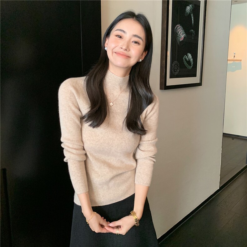 2025秋冬百搭时尚简约半高领打底修身显瘦舒适保暖打底衫,女装羊绒衫,玛卡隆羊绒