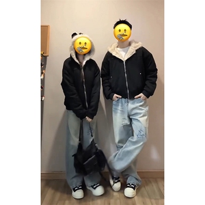 现货 连帽猫耳朵男女情侣装棉服外套秋冬鹿皮绒座山雕-A2350P99图片