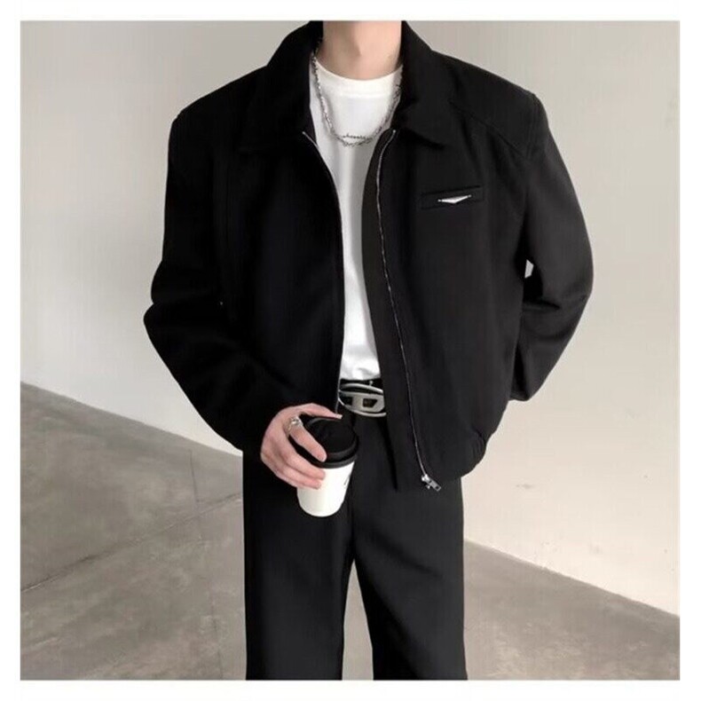 W9231-P75网图现货春季新款翻领夹克小众金属垫肩拉链呢子外套,男装夹克,星座1608-2
