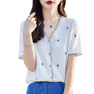 刺绣天丝针织衫短袖V领T恤女夏季宽松显瘦薄款莱赛尔洋气开衫上衣图片