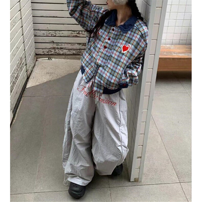 字母刺绣褶皱伞兵工装裤女秋冬季新款加绒加厚阔腿弯刀裤KB223,男装休闲裤,星座1116A（原606A-3）
