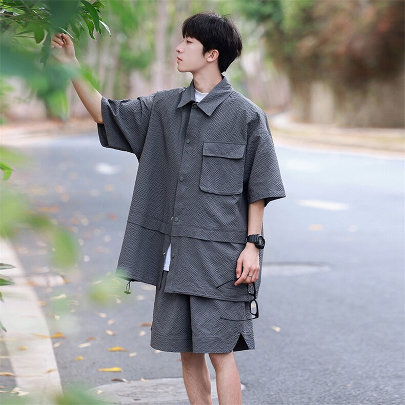 短袖衬衫男新款夏季薄款透气搭配一套短裤宽松翻领衬衣TZ073-P80图片