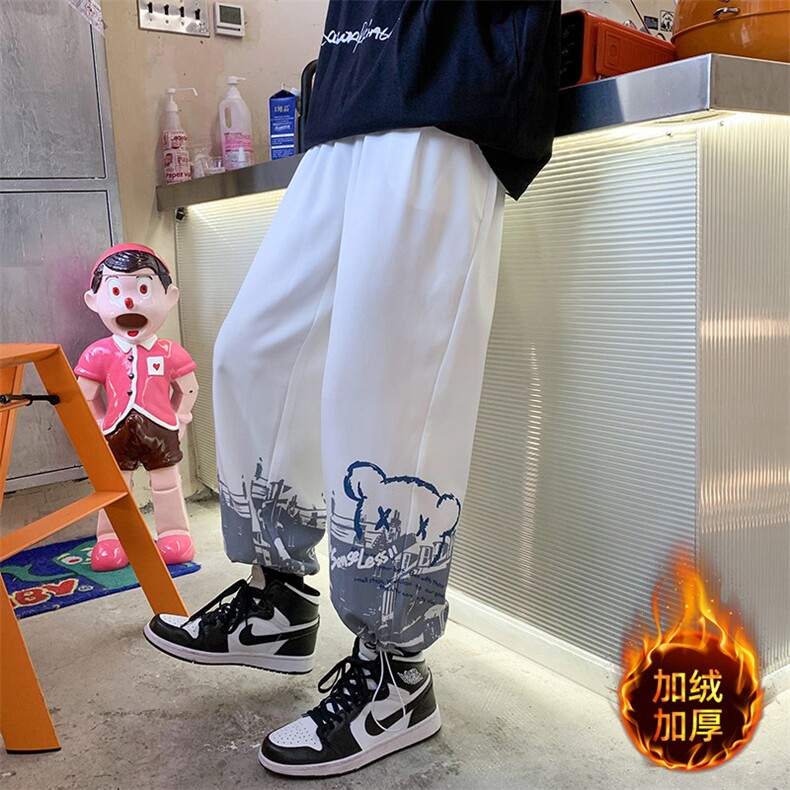 秋冬季新港风加绒加厚休闲裤男潮牌印花束脚裤K02114-P45加绒P55,男装休闲裤,星座308B-1