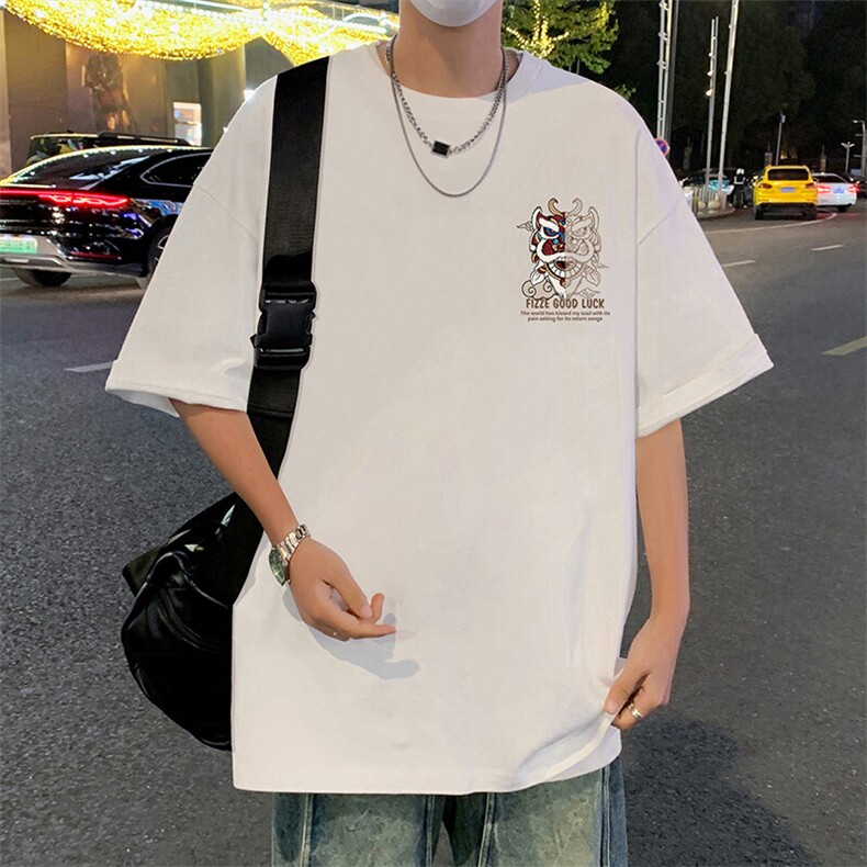 青少年短袖t恤男生夏季国潮醒狮印花重磅潮牌宽松大码五分袖体恤,男装T恤,星座304A-1