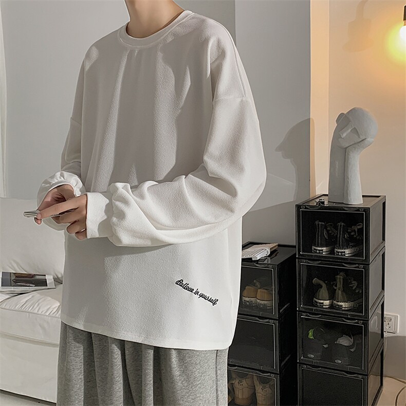 男女简约百搭圆领宽松长袖T恤字母刺绣打底衫B289-W12-P35，男装T恤，电商B289