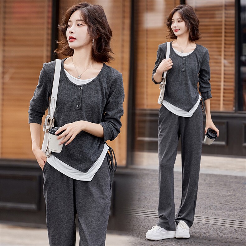 休闲长袖显瘦套装女2024春新款设计感假两件上衣裤子两件套，女装套装/套裙，韩蜜菓