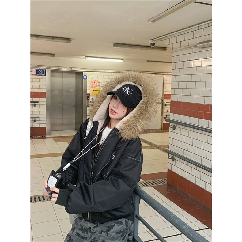 现货重磅boxy短款棉衣座山雕大毛毛领男女棉服水洗工装厚外套,男装棉衣,电商A486-1