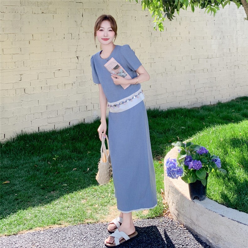 超火甜美蓝色刺绣半身裙套装女夏俏皮活泼两件套时尚洋气减龄显瘦,女装套装/套裙,素月