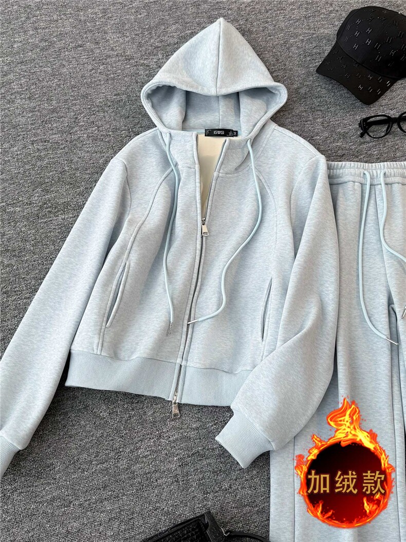 运动休闲时尚套装女秋冬新款高级感拉链开衫连帽卫衣直筒裤两件套,女装套装/套裙,江南