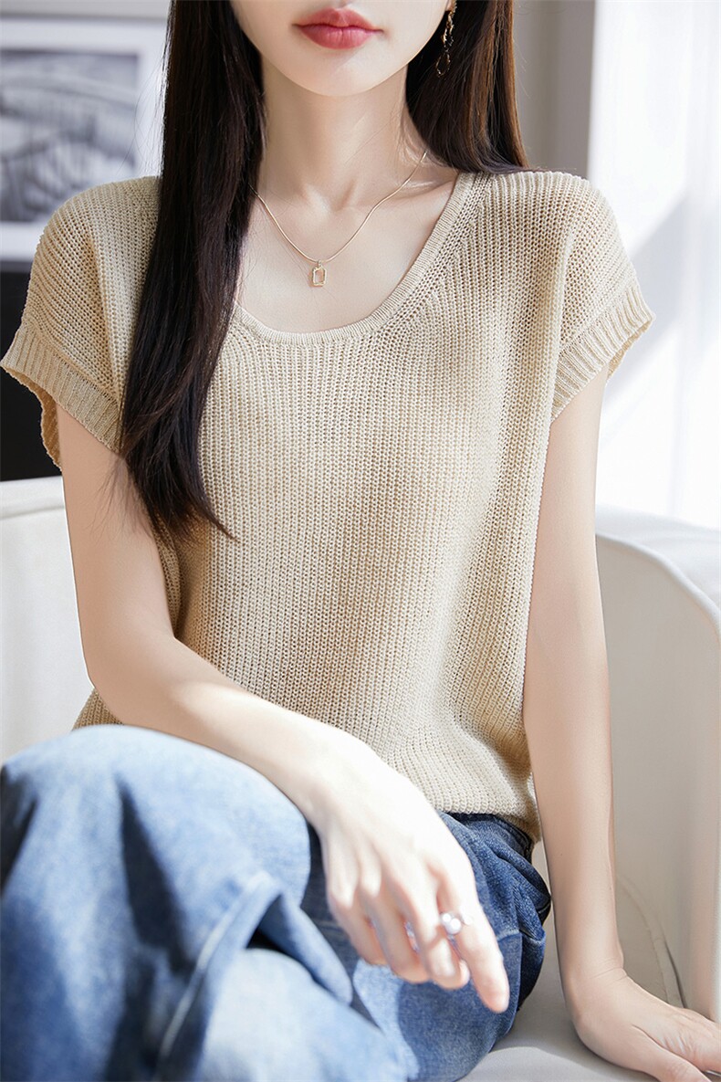 针织短袖女2025夏季时尚薄款上衣高级感超好看半袖天丝亚麻T恤衫,女装背心吊带,朝思羊绒