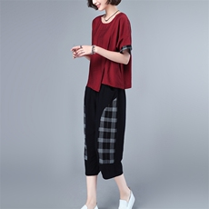 2032T夏装2021年新款时尚两件套装女袖口拼接条纹口袋T恤女，女装套装/套裙，涵誉
