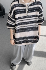 8XL-M特大码美式复古条纹撞色针织POLO衫翻领休闲短袖TDX311P35，男装Polo衫，电商D206-1