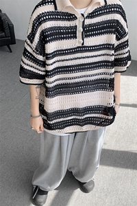 8XL-M 特大码美式复古条纹撞色针织POLO衫翻领休闲短袖TDX311P35图片