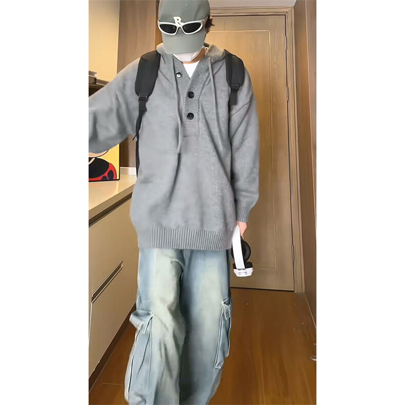重磅秋冬装北极绒开衫毛衣美式复古休闲慵懒风针织衫加厚连帽外套,男装针织衫/毛衣,电商A486