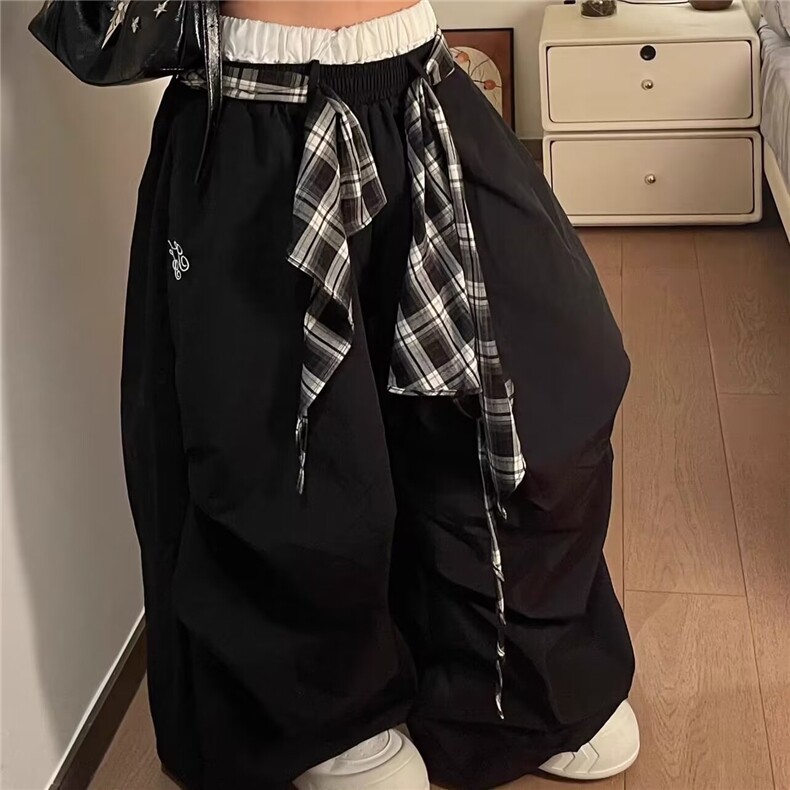 大码美式街头黑色拼接格子裙摆运动裤女装秋冬季宽松假两件休闲裤,女装休闲裤,星座1210-1
