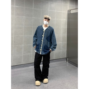 男装秋天复古盘扣设计无领夹克牛仔外套秋季宽松上衣潮W6029-P72图片