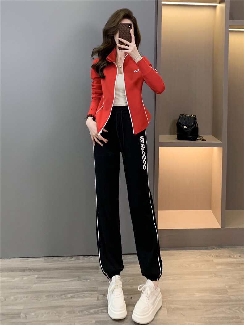 设计感欧货休闲运动套装女秋拉链开衫红色立领上衣束脚长裤两件套,女装套装/套裙,江南