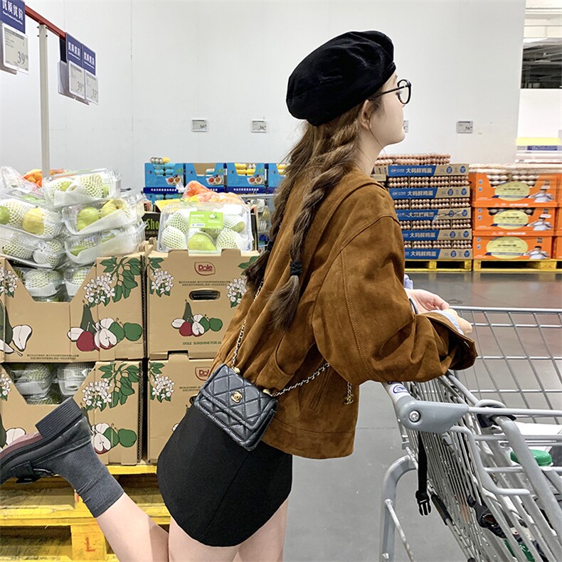 美式复古圆领麂皮夹克外套女2025春秋季新款韩版宽松显瘦短款上衣,女装皮衣,2C299