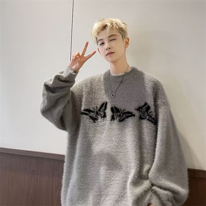 美式小众复古蝴蝶提花毛衣男秋冬季慵懒软糯宽松圆领针织衫M5716图片