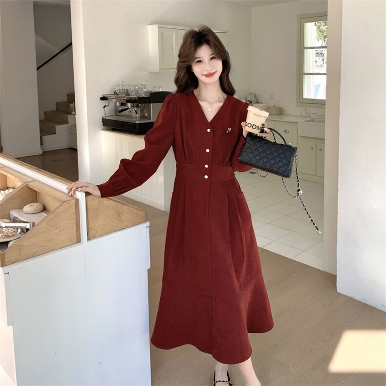 新品2C273-1103-P140-K228灯芯绒气质红色束腰鱼尾连衣裙,女装连衣裙,2C273
