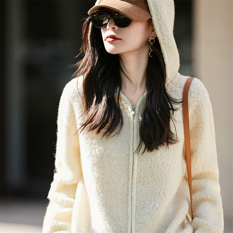 慵懒风纯羊毛颗粒绒拉链连帽开衫女外套2025秋冬新款厚实保暖上衣，女装针织衫/毛衣，片语羊绒