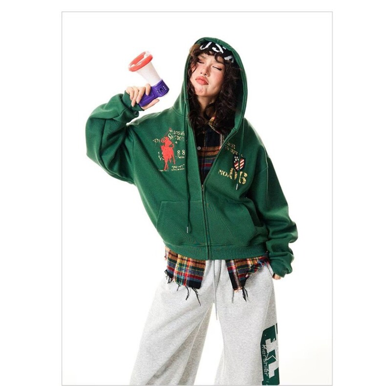 EAHO美式做旧字母印花刺绣连帽卫衣男女春秋宽松休闲百搭外套,女装短外套,星座218-8