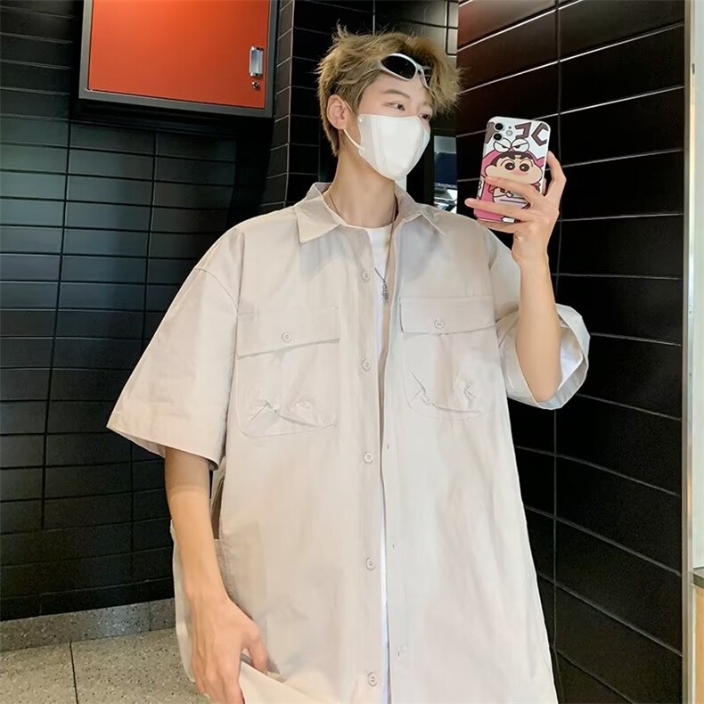 2023港风文艺衬衫男夏季宽松潮流五分袖衬衣复古百搭,男装衬衫,星座716-3