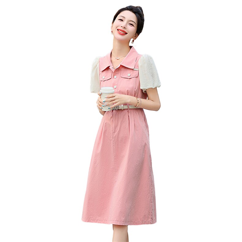 2024夏季新款短袖牛仔裙长裙工装修身粉色开叉高腰连衣裙女M,女装连衣裙,丽美静依