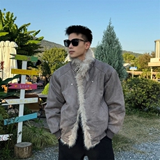 韩系氛围感解构拼接情侣棉服男冬季高级感毛绒翻领加厚棉衣潮，男装棉衣，星座218-1（原230）
