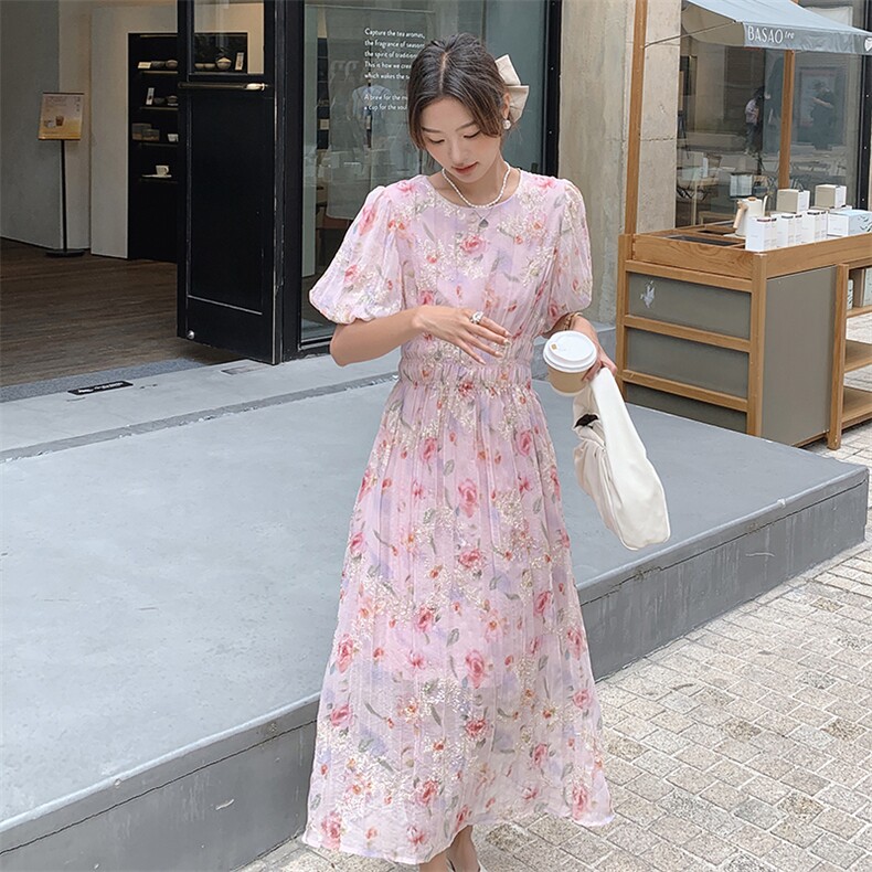粉色女神范连衣裙女中长款2024夏季新款茶歇法式温柔风收腰碎花裙,女装连衣裙,天使之佳话