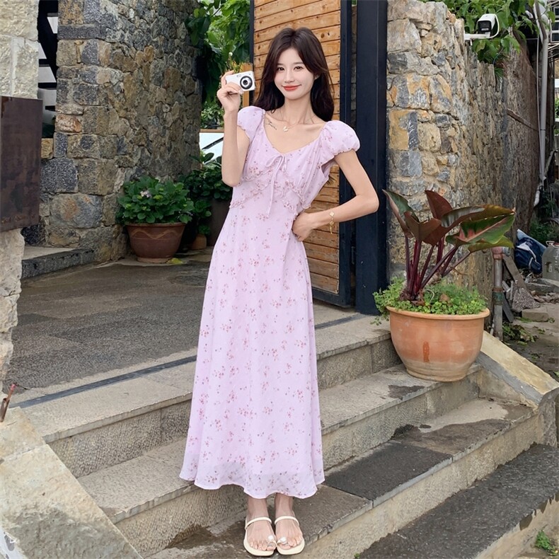 粉紫色碎花连衣裙女夏2025新款度假风少女感温柔风爆款减龄长裙,女装连衣裙,2C131