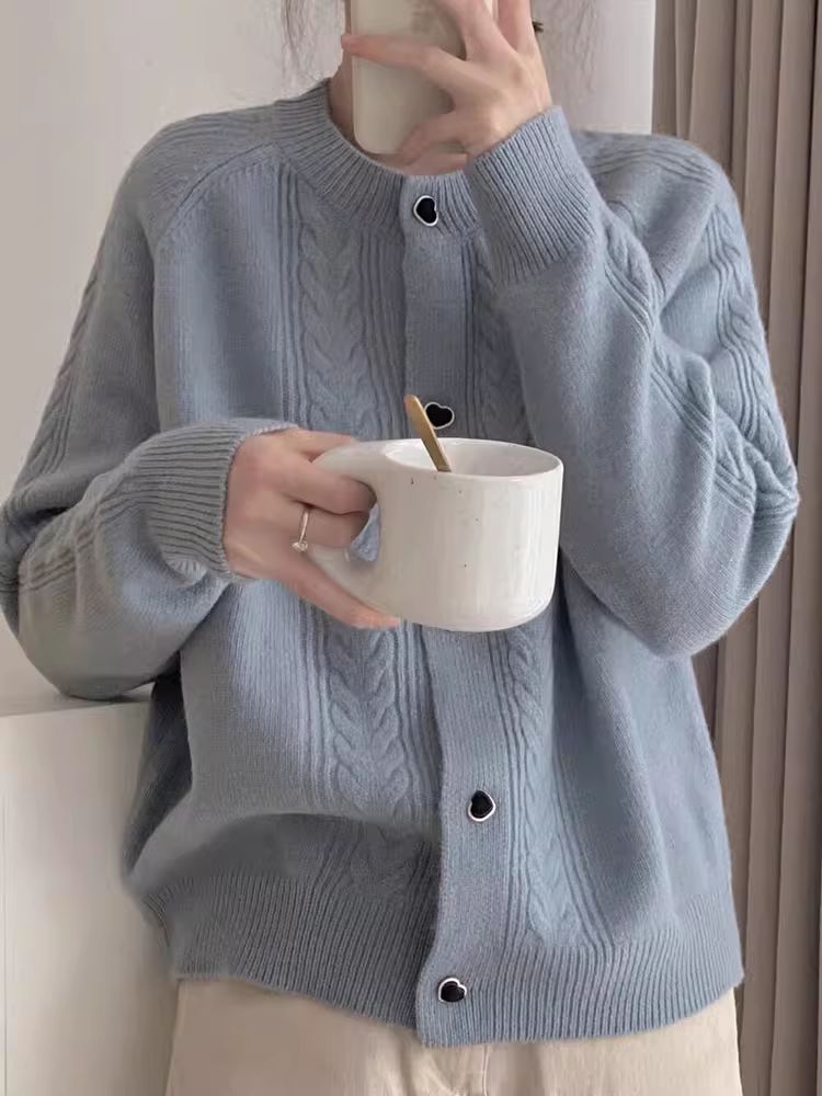 针织开衫女短款长袖羊毛衫外套圆v领纯色毛衣,女装羊毛衫,戎咖羊绒