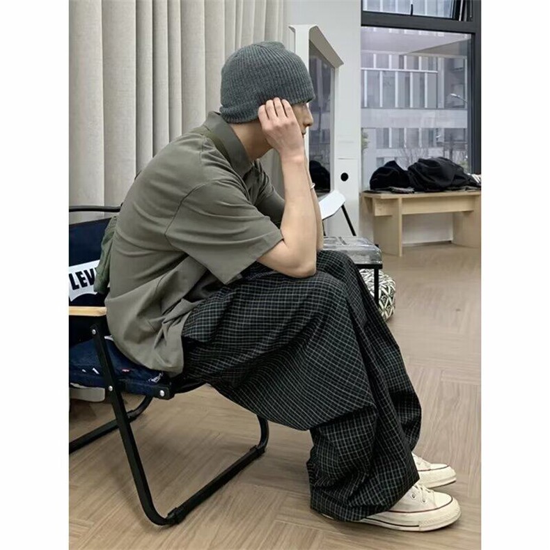 网图现货美式宽松灰色格子阔腿休闲裤男K0056/P48,男装休闲裤,星座205-3