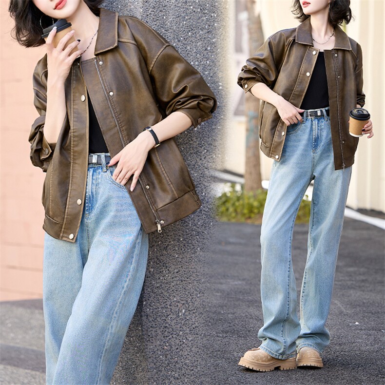 复古擦色做旧棕色皮衣女春秋2024新款美式甜酷机车PU皮夹克短外套，女装皮衣，潮流依族