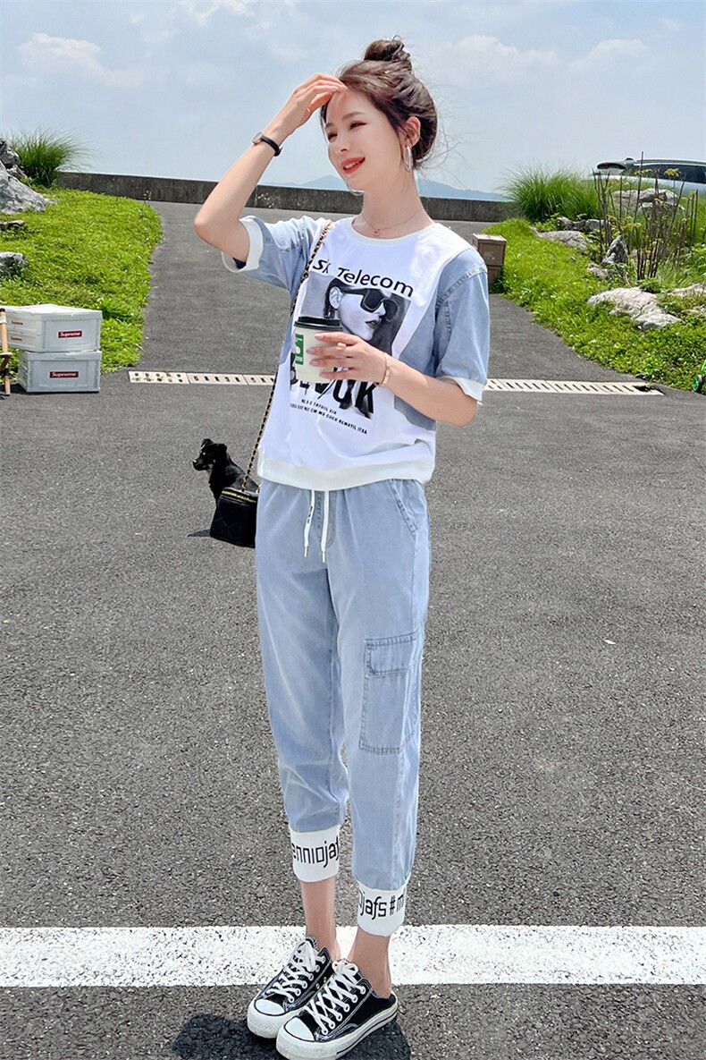 冰丝牛仔套装女2024夏季新款洋气减龄薄款遮肉显瘦休闲运动两件套,女装套装/套裙,靓星雨