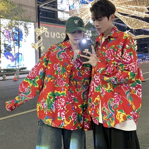 C203情侣大花长袖衬衫男女休闲衬衣新中式汉服团队服表演出宽松潮图片