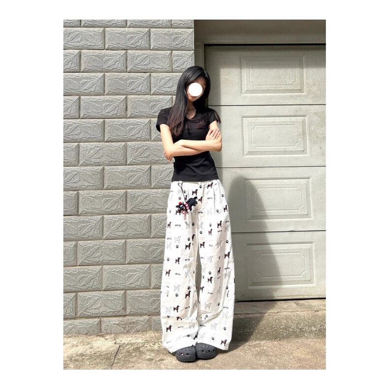 夏季新款美式复古小狗印花阔腿裤男女夏季显瘦垂感弯刀直筒裤,女装休闲裤,星座1210-1