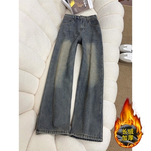 B221 美式ins高街暗黑宽松直筒加绒牛仔裤LK25599-特P48控88图片