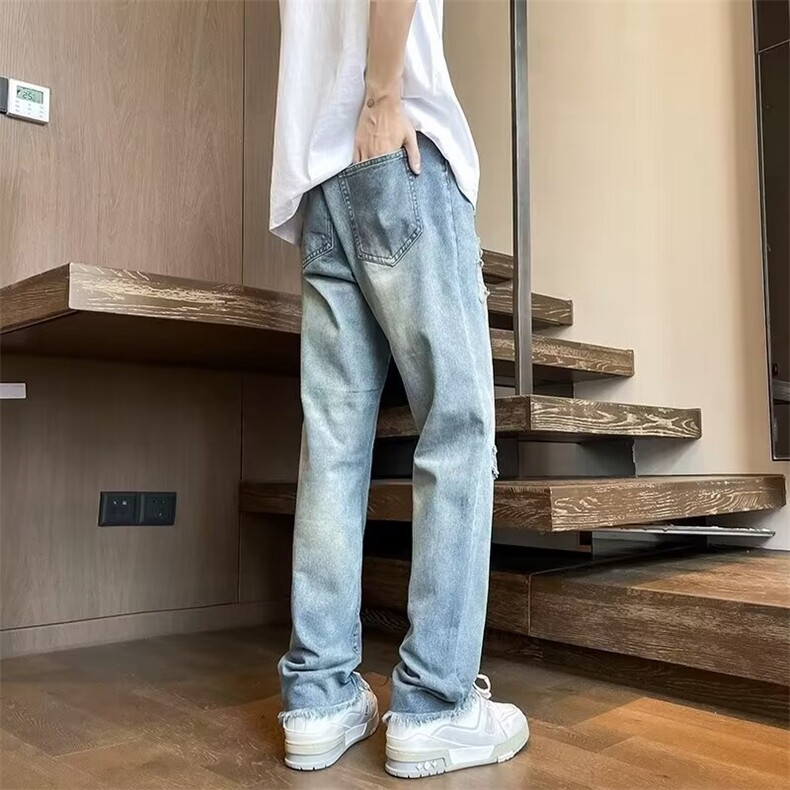 微喇破洞毛边微喇牛仔裤男女薄款美式高街水洗拖地裤做旧直筒,男装牛仔裤,星座1013