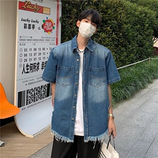 C526P47美式复古感垫肩短袖牛仔衬衫男宽松夏季翻领衬衣痞，男装T恤，星座512-6