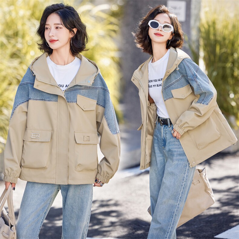 风衣女中长款2024春秋季新款高级感时尚宽松休闲连帽牛仔拼接外套，女装风衣，悦祺