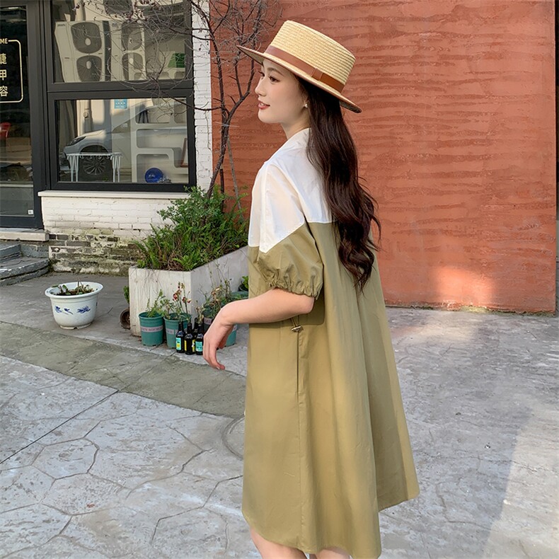 《现货新品》撞色拼接翻领宽松舒适连衣裙,女装连衣裙,MQ
