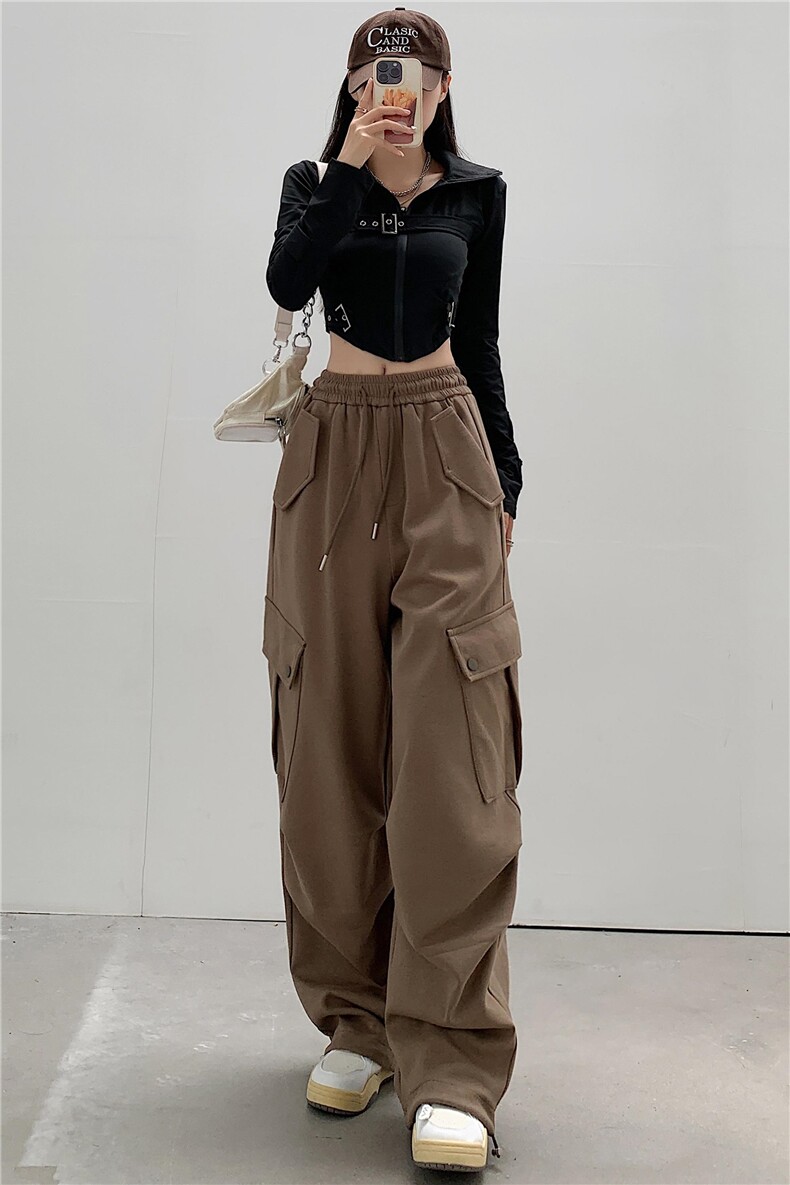 2024秋季新款美式工装卫裤女宽松休闲复古红色束脚运动阔腿裤潮,女装休闲裤,梦白服饰厂