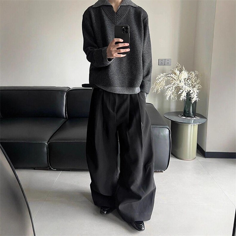 重磅北极绒假两件衬衫领毛衣美式高街复古休闲慵懒纯色翻领针织衫,男装针织衫/毛衣,电商A486-1