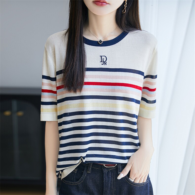 拼色圆领100%莱赛尔天丝针织短袖T恤女刺绣字母半袖宽松打底上衣,针织衫/毛衣,郡淞羊绒