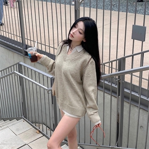 重磅北极绒假两件衬衫领毛衣美式高街复古休闲慵懒纯色翻领针织衫图片